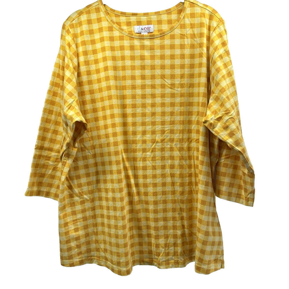 Denim & Co Womens Top Size 1X Plus Yellow Check 3/4 Sleeve Cotton Blend Pullover